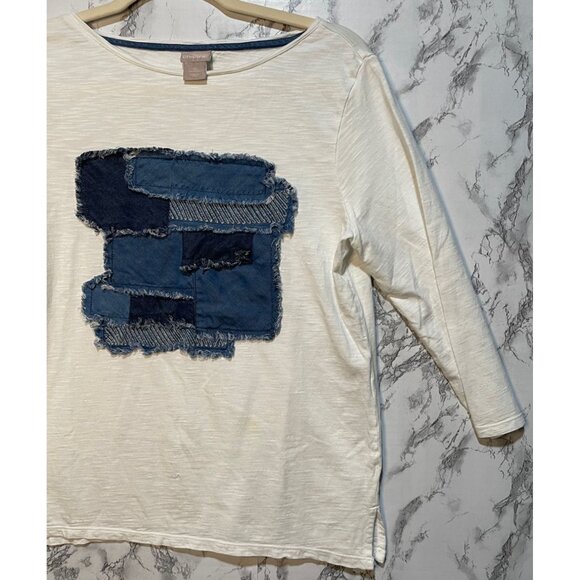 Chico's Women's 3/4th  Long-Sleeve White Top With Frayed Denim Patchwork Design - Picture 3 of 11